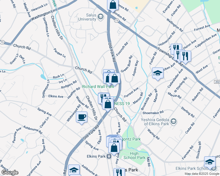 map of restaurants, bars, coffee shops, grocery stores, and more near 1 Old York Road in Elkins Park