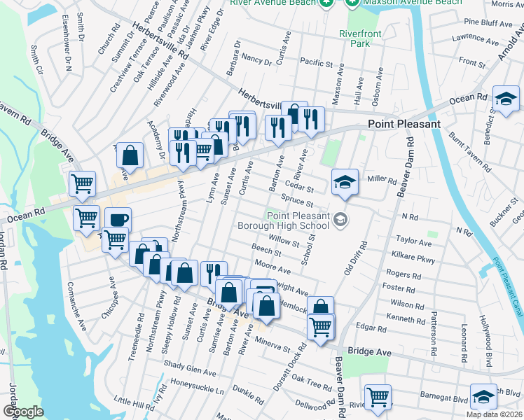 map of restaurants, bars, coffee shops, grocery stores, and more near 1003 Barton Avenue in Point Pleasant