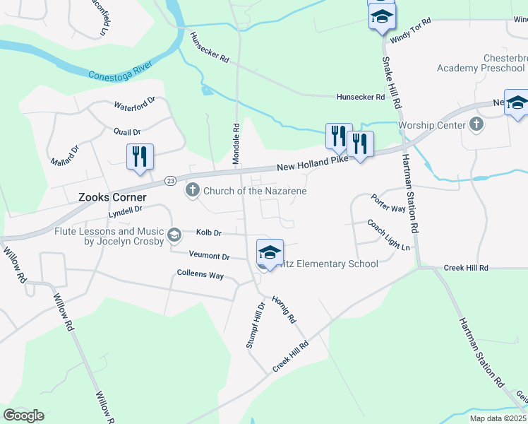map of restaurants, bars, coffee shops, grocery stores, and more near 2211 Harmony Hill Drive in Lancaster