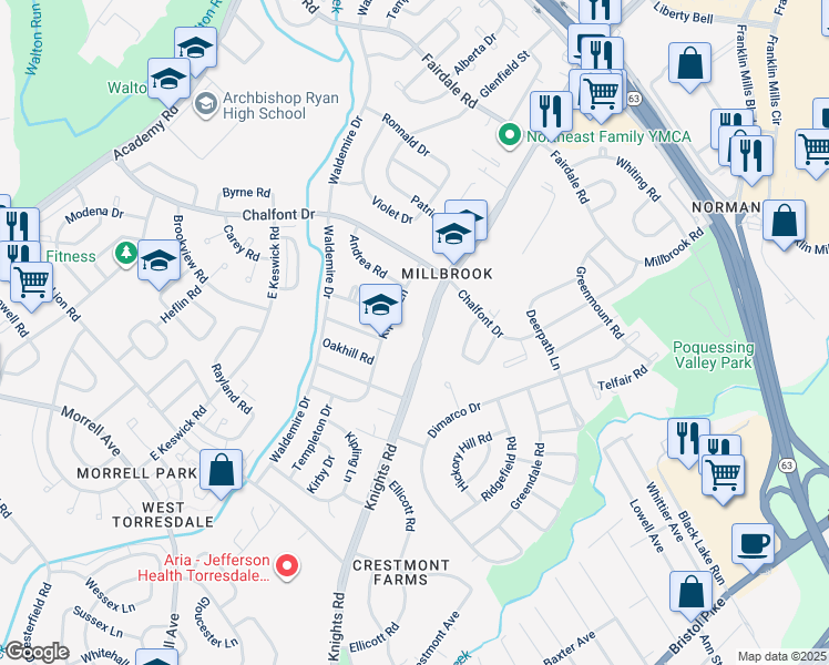 map of restaurants, bars, coffee shops, grocery stores, and more near 11024 Knights Road in Philadelphia