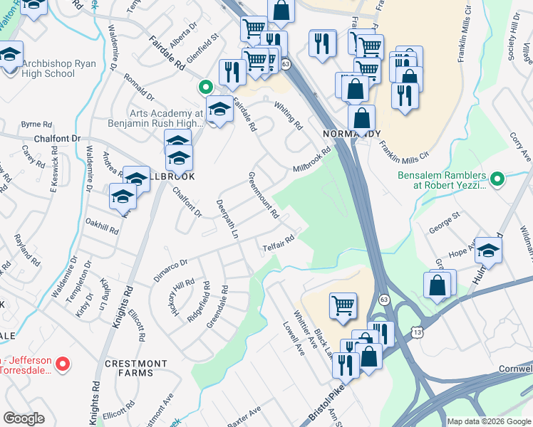 map of restaurants, bars, coffee shops, grocery stores, and more near 11737 Denman Road in Philadelphia