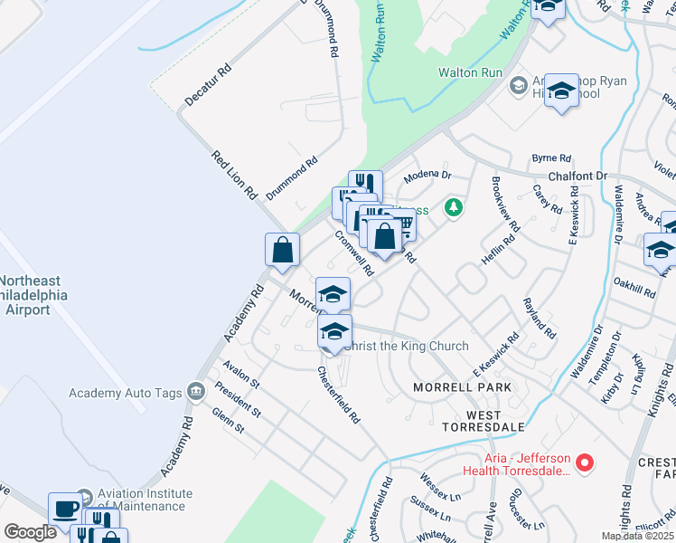 map of restaurants, bars, coffee shops, grocery stores, and more near 3206 Kilburn Road in Philadelphia
