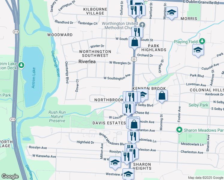 map of restaurants, bars, coffee shops, grocery stores, and more near 5656 Northbrook Drive East in Worthington