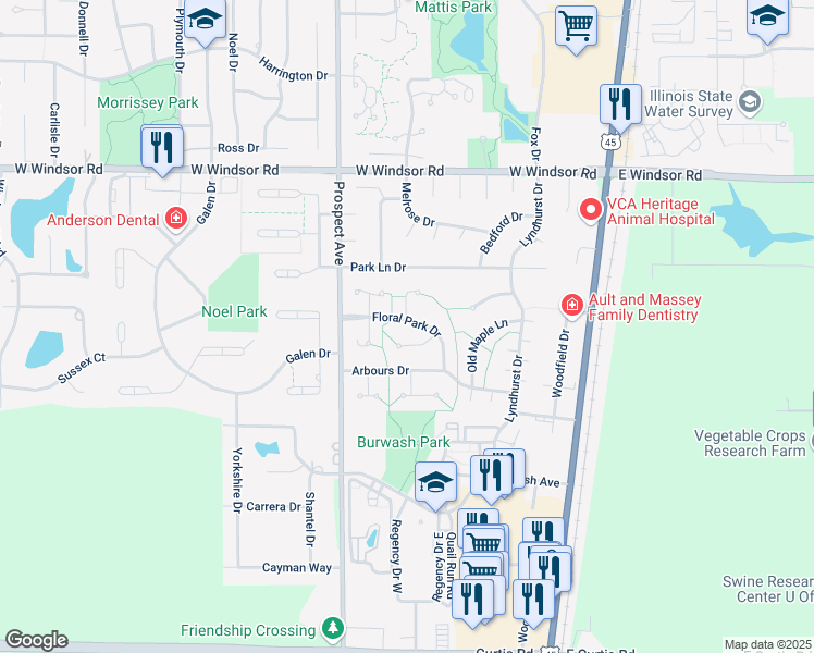 map of restaurants, bars, coffee shops, grocery stores, and more near 6 Floral Park Court in Savoy