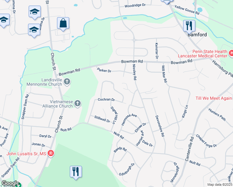 map of restaurants, bars, coffee shops, grocery stores, and more near 1112 Old Eagle Road in Lancaster