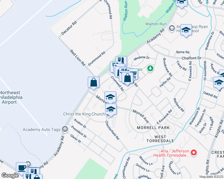 map of restaurants, bars, coffee shops, grocery stores, and more near 10205 Ambridge Place in Philadelphia