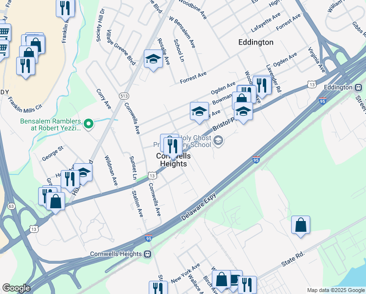 map of restaurants, bars, coffee shops, grocery stores, and more near 2310 Bristol Pike in Bensalem