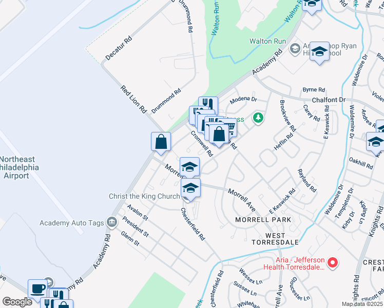 map of restaurants, bars, coffee shops, grocery stores, and more near 10205 Ambridge Place in Philadelphia