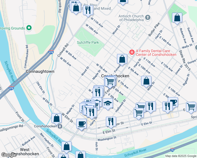 map of restaurants, bars, coffee shops, grocery stores, and more near 137 West 6th Avenue in Conshohocken