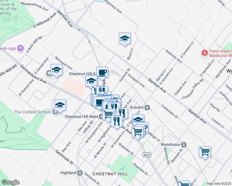 map of restaurants, bars, coffee shops, grocery stores, and more near 18 Summit Street in Philadelphia