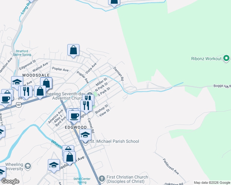 map of restaurants, bars, coffee shops, grocery stores, and more near 140 Edgington Lane in Wheeling