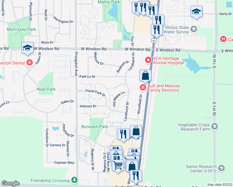 map of restaurants, bars, coffee shops, grocery stores, and more near 1807 Old Maple Lane in Savoy