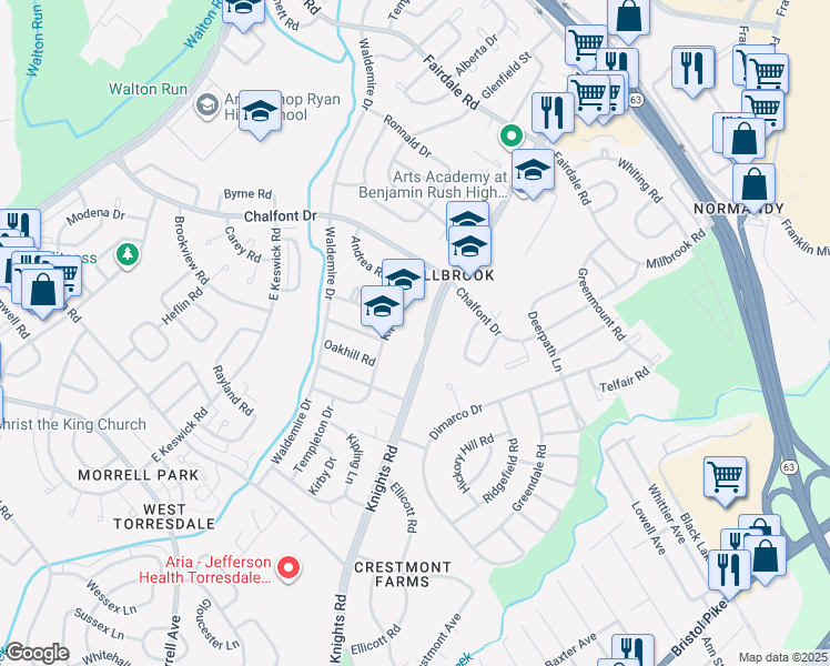 map of restaurants, bars, coffee shops, grocery stores, and more near 11016 Knights Road in Philadelphia