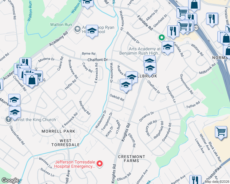 map of restaurants, bars, coffee shops, grocery stores, and more near 3800 Oakhill Road in Philadelphia