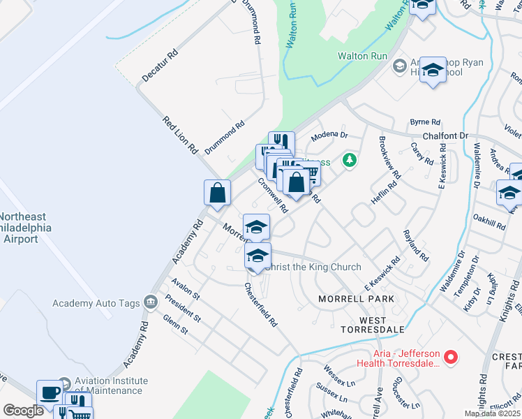 map of restaurants, bars, coffee shops, grocery stores, and more near 3206 Kilburn Road in Philadelphia