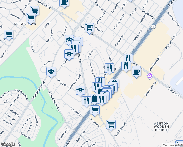 map of restaurants, bars, coffee shops, grocery stores, and more near 1961 Goodnaw Street in Philadelphia