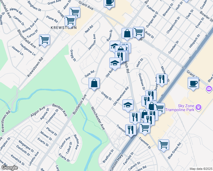 map of restaurants, bars, coffee shops, grocery stores, and more near 9101 Bustleton Avenue in Philadelphia