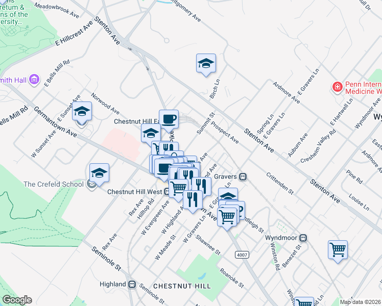 map of restaurants, bars, coffee shops, grocery stores, and more near 18 Summit Street in Philadelphia