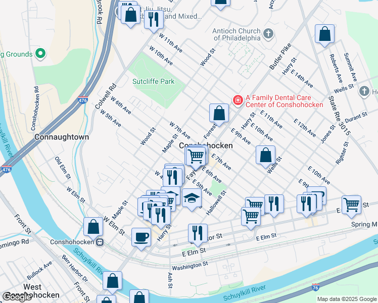 map of restaurants, bars, coffee shops, grocery stores, and more near 516 Fayette Street in Conshohocken