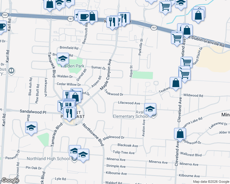map of restaurants, bars, coffee shops, grocery stores, and more near 2133 Teakwood Drive in Columbus