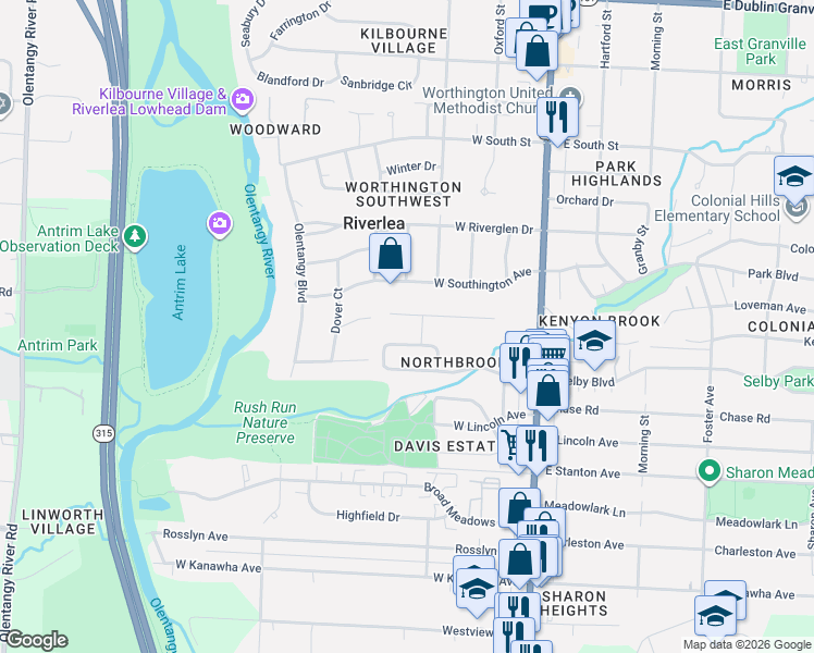 map of restaurants, bars, coffee shops, grocery stores, and more near 184 Melbourne Place in Worthington