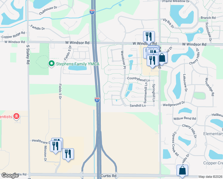map of restaurants, bars, coffee shops, grocery stores, and more near 3308 Springview Lane in Champaign