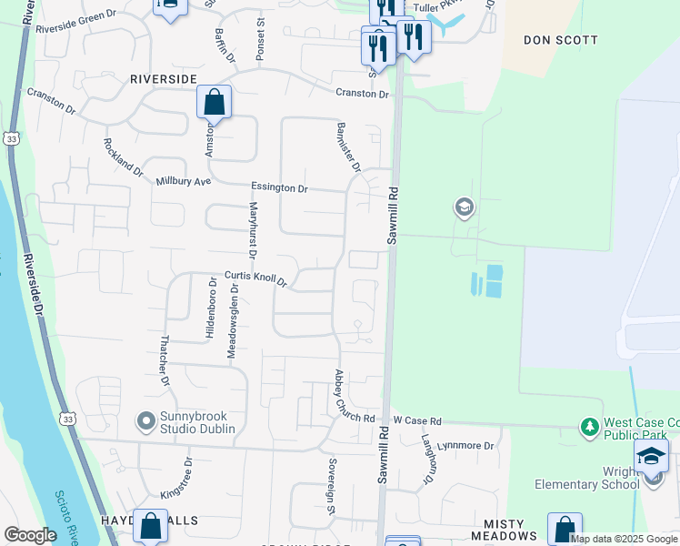 map of restaurants, bars, coffee shops, grocery stores, and more near 6040 Abbey Church Road in Dublin