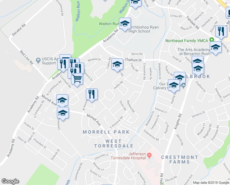 map of restaurants, bars, coffee shops, grocery stores, and more near 10761 Pelle Circle in Philadelphia