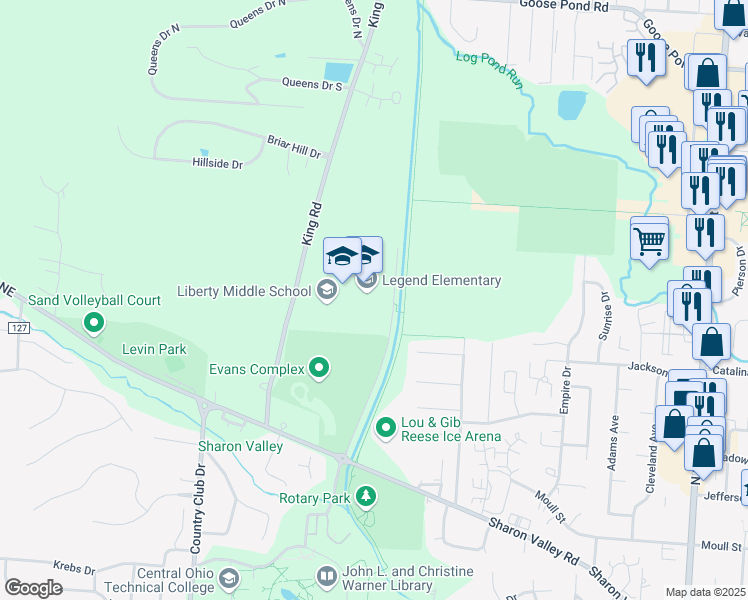 map of restaurants, bars, coffee shops, grocery stores, and more near 1075 Evans Boulevard in Newark