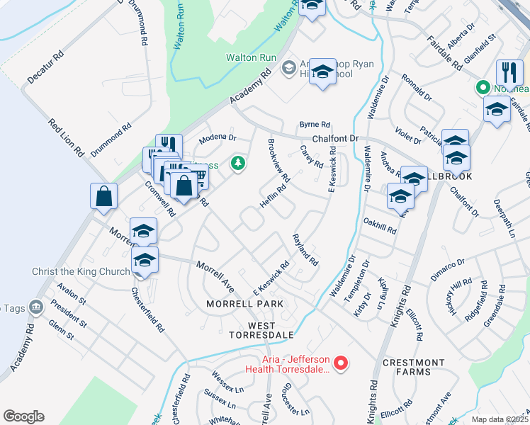 map of restaurants, bars, coffee shops, grocery stores, and more near 10761 Pelle Circle in Philadelphia