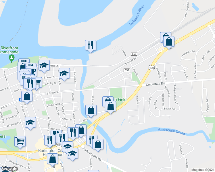 map of restaurants, bars, coffee shops, grocery stores, and more near 614 Columbus Road in Burlington