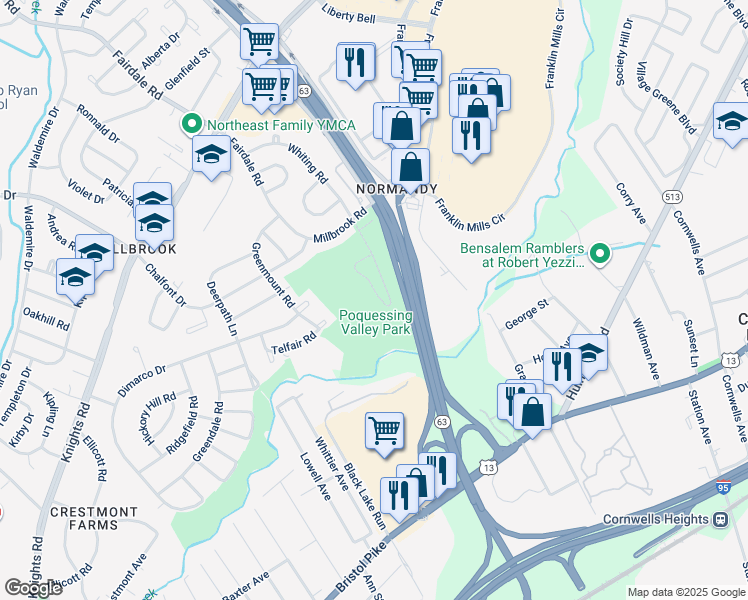 map of restaurants, bars, coffee shops, grocery stores, and more near 4472 Ernie Davis Circle in Philadelphia