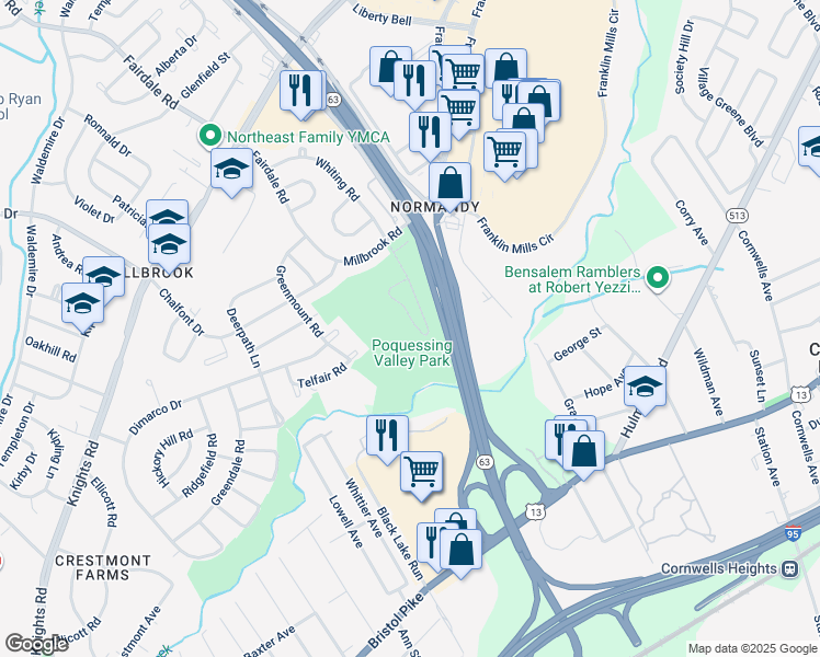 map of restaurants, bars, coffee shops, grocery stores, and more near 4472 Ernie Davis Circle in Philadelphia