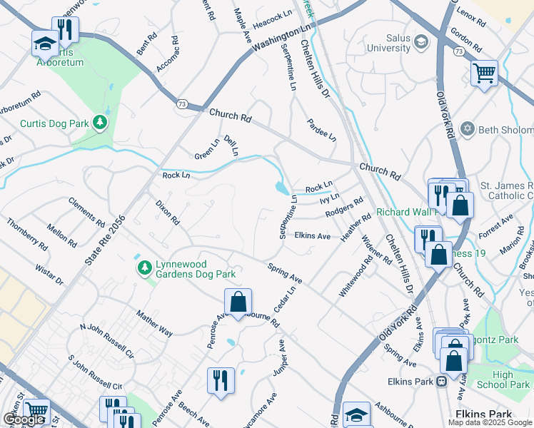map of restaurants, bars, coffee shops, grocery stores, and more near 7932 Hidden Lane in Elkins Park