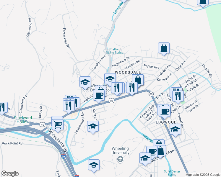 map of restaurants, bars, coffee shops, grocery stores, and more near 1 Bethany Pike Highway in Wheeling