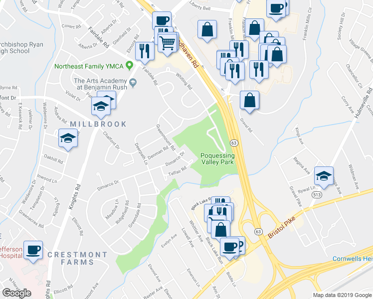 map of restaurants, bars, coffee shops, grocery stores, and more near 11771 Dimarco Drive in Philadelphia
