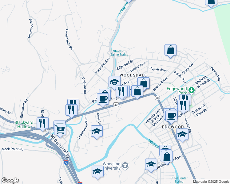map of restaurants, bars, coffee shops, grocery stores, and more near 1 Bethany Pike Highway in Wheeling