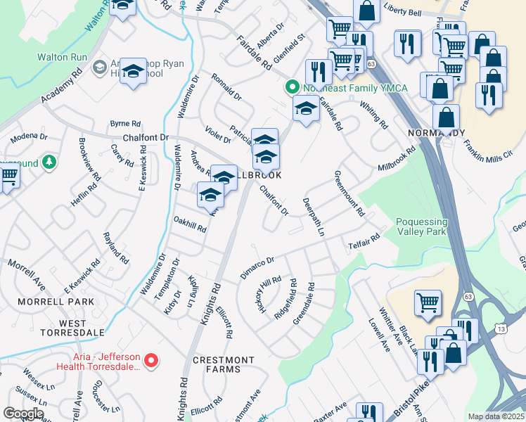map of restaurants, bars, coffee shops, grocery stores, and more near 11126 Dora Drive in Philadelphia