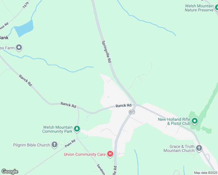 map of restaurants, bars, coffee shops, grocery stores, and more near 1622 Springville Road in New Holland