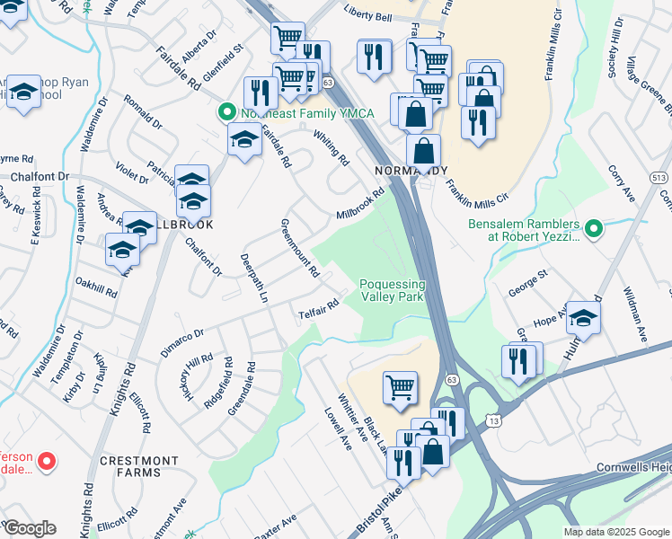 map of restaurants, bars, coffee shops, grocery stores, and more near 11771 Dimarco Drive in Philadelphia