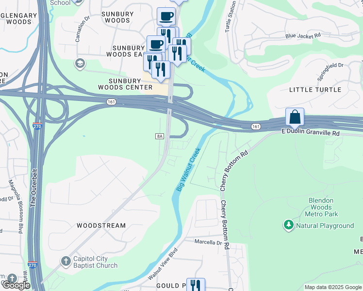 map of restaurants, bars, coffee shops, grocery stores, and more near 5930 South Sunbury Road in Columbus