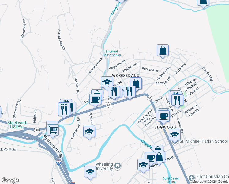 map of restaurants, bars, coffee shops, grocery stores, and more near 9 Maple Avenue in Wheeling