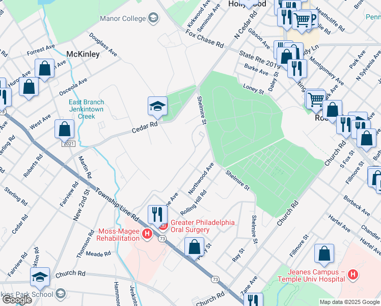 map of restaurants, bars, coffee shops, grocery stores, and more near 1608 Valley Glen Road in Elkins Park