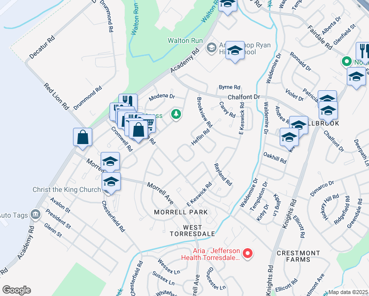 map of restaurants, bars, coffee shops, grocery stores, and more near 10827 Pelle Circle in Philadelphia