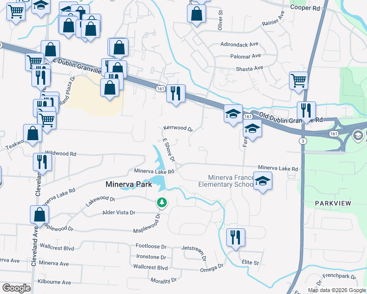 map of restaurants, bars, coffee shops, grocery stores, and more near 5266 East Shore Drive in Columbus