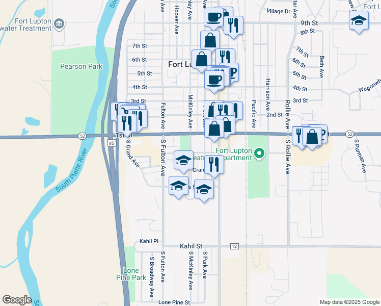 map of restaurants, bars, coffee shops, grocery stores, and more near 201 South McKinley Avenue in Fort Lupton