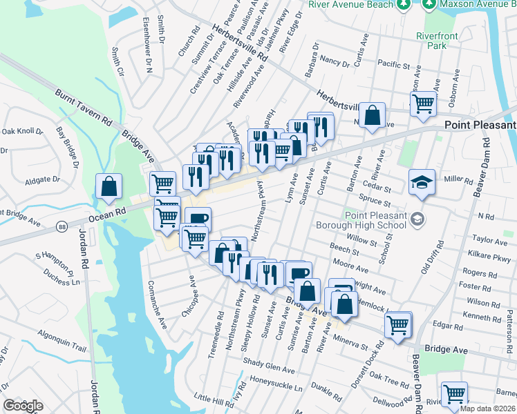 map of restaurants, bars, coffee shops, grocery stores, and more near 1009 Northstream Parkway in Point Pleasant