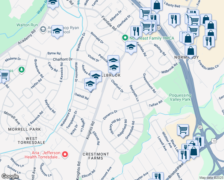 map of restaurants, bars, coffee shops, grocery stores, and more near 11126 Dora Drive in Philadelphia