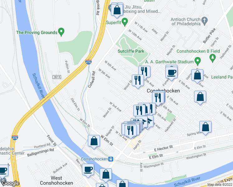 map of restaurants, bars, coffee shops, grocery stores, and more near 312 West 4th Avenue in Conshohocken