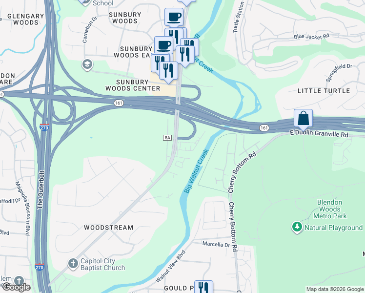map of restaurants, bars, coffee shops, grocery stores, and more near 5916 Sunbury Road in Columbus
